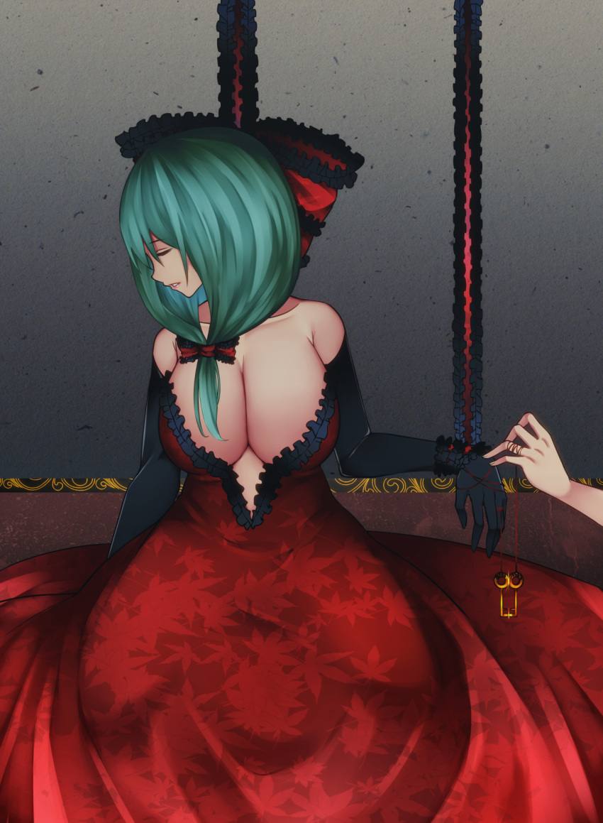 2girls aoshima black_gloves bow breasts cleavage closed_eyes commentary_request dress elbow_gloves frilled_bow frills front_ponytail gloves green_hair hair_bow highres kagiyama_hina large_breasts leaf_print long_hair multiple_girls parted_lips print_dress red_bow red_dress solo_focus strapless strapless_dress touhou