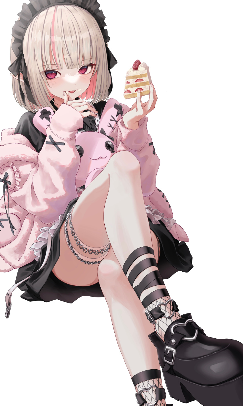 1girl :p absurdres black_shirt black_skirt blush bob_cut brown_hair cake cake_slice closed_mouth food food_on_face fruit hasisisissy highres holding holding_food jacket jirai_kei knee_up long_sleeves looking_at_viewer makaino_ririmu multicolored_hair nijisanji off_shoulder open_clothes open_jacket pink_hair pink_jacket platform_footwear purple_eyes shirt sitting skirt sleeves_past_wrists smile solo strawberry streaked_hair stuffed_animal stuffed_rabbit stuffed_toy tongue tongue_out virtual_youtuber white_background