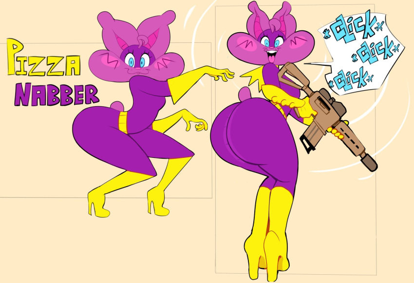 5_fingers anthro bat blue_eyes clothing costume female fingers footwear fur gloves gun handwear hi_res high_heels holding_gun holding_object holding_rifle holding_weapon mammal purple_body purple_fur ranged_weapon scut_tail short_tail solo sophie_slam speech_bubble tail text vimhomeless weapon