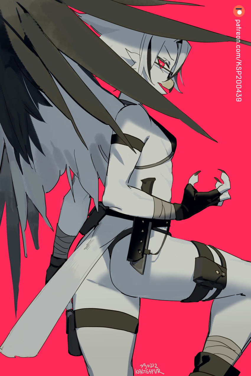 absurd_res anthro athletic athletic_anthro athletic_female avian beak belt bird blush boots bottomwear bra clothing eyewear feathered_wings feathers female fingerless_gloves footwear glasses gloves hair handwear hi_res kaltespur knife knife_sheath open_mouth panties pose pouches red_eyes sheathed_knife short_hair simple_background solo tail_feathers topwear underwear white_body white_wings wings