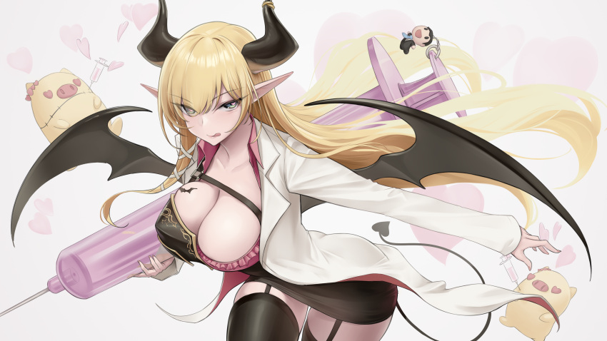 1girl :q absurdres armor ass bangs black_thighhighs breastplate breasts character_doll cleavage demon_girl demon_horns demon_tail demon_wings frills garter_straps green_eyes haaton_(akai_haato) heart heart-shaped_pupils highres hololive horns labcoat long_hair looking_at_viewer pointy_ears smile solo somebody_(leiking00) symbol-shaped_pupils syringe tail thighhighs tongue tongue_out virtual_youtuber wings yagoo yuzuki_choco