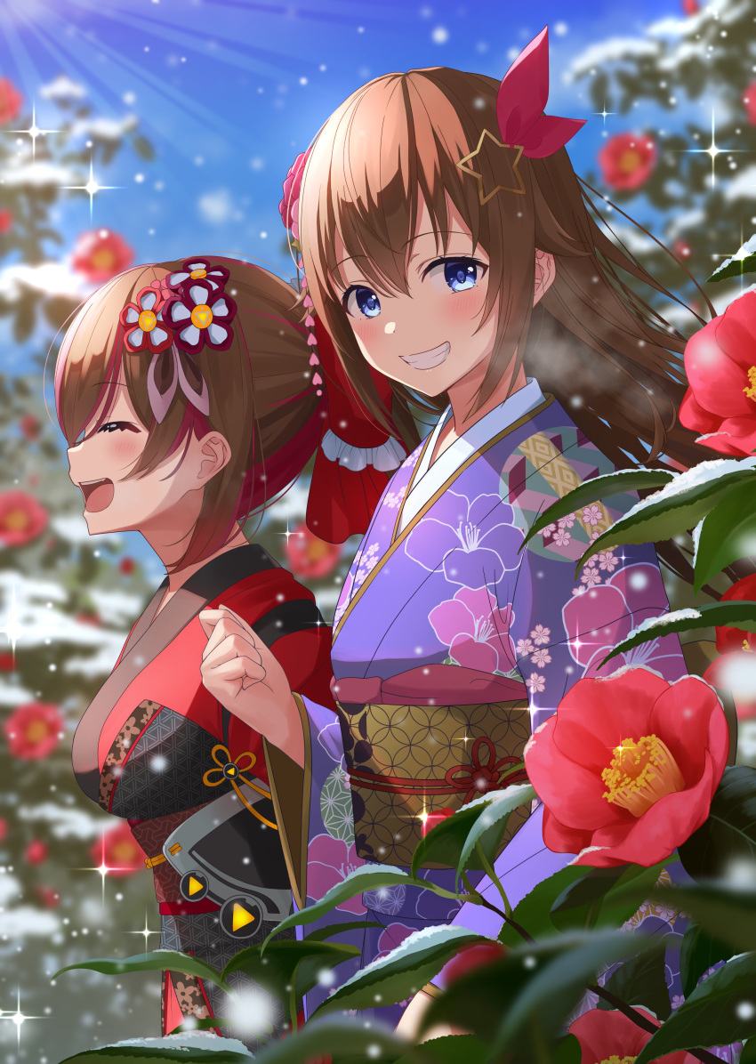 2girls absurdres bangs blue_eyes blurry blurry_background breasts brown_hair closed_eyes day floral_print flower flower_knot grin hair_ornament hand_up highres hololive japanese_clothes kimono leaf long_hair long_sleeves looking_at_viewer medium_breasts multicolored_hair multiple_girls obi open_mouth outdoors pink_flower print_kimono purple_kimono red_hair red_kimono roboco-san sash shima6644 smile star_(symbol) star_hair_ornament tokino_sora upper_body virtual_youtuber