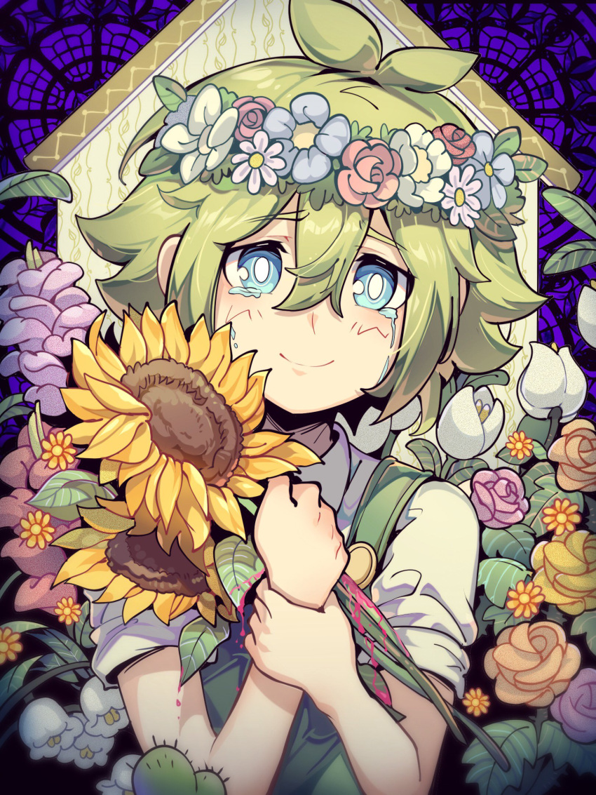 1boy basil_(omori) blonde_hair blood blood_on_hands blue_eyes blush bright_pupils cactus closed_mouth collared_shirt crying crying_with_eyes_open flower gladiolus green_sweater_vest head_wreath highres holding holding_flower lily_of_the_valley looking_at_viewer omori rose shirt short_hair short_sleeves smile solo sunflower sweater_vest tears tulip upper_body white_pupils white_shirt zs_zealsummer