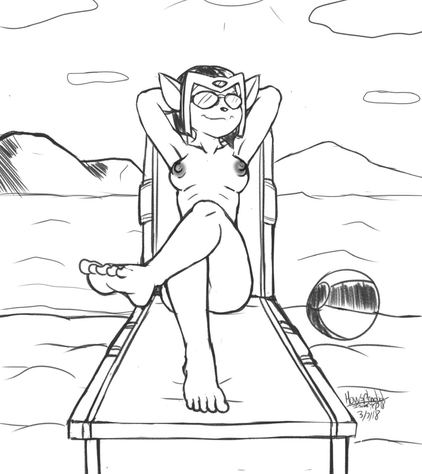 anthro aviator_glasses beach felid feline female hi_res howsplendid mammal nipples ratchet_and_clank sasha_phyronix seaside sony_corporation sony_interactive_entertainment