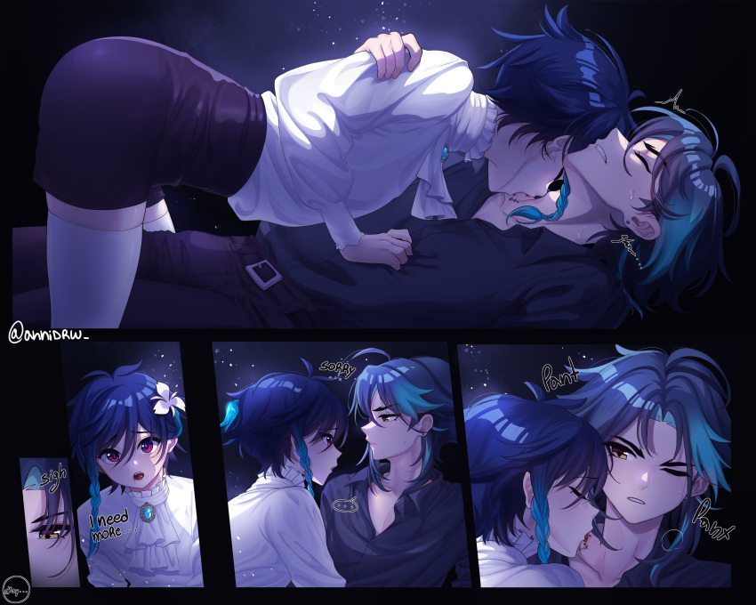 2boys absurdres alternate_costume annidrw biting black_shirt black_shorts blue_hair braid closed_eyes commentary earrings english_commentary fangs flower genshin_impact gradient_hair hair_flower hair_ornament highres jewelry licking licking_neck long_sleeves male_focus multicolored_hair multiple_boys neck_biting one_eye_closed open_mouth red_eyes scar scar_on_neck shirt short_hair shorts thighhighs tongue twin_braids vampire venti_(genshin_impact) white_shirt white_thighhighs xiao_(genshin_impact) yaoi yellow_eyes