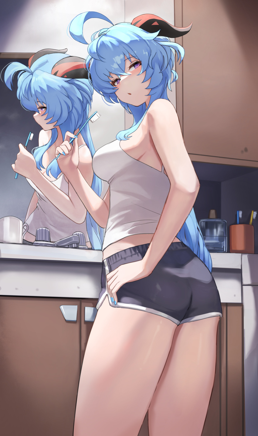 1girl absurdres ahoge alternate_costume ass bare_arms bare_shoulders black_shorts blue_hair blue_nails cabinet crop_top cup dolphin_shorts dolri faucet from_behind ganyu_(genshin_impact) genshin_impact goat_horns highres holding holding_toothbrush horns indoors long_hair looking_at_viewer looking_back midriff nail_polish open_mouth purple_eyes shirt shorts sleeveless sleeveless_shirt solo thighs toothbrush white_shirt
