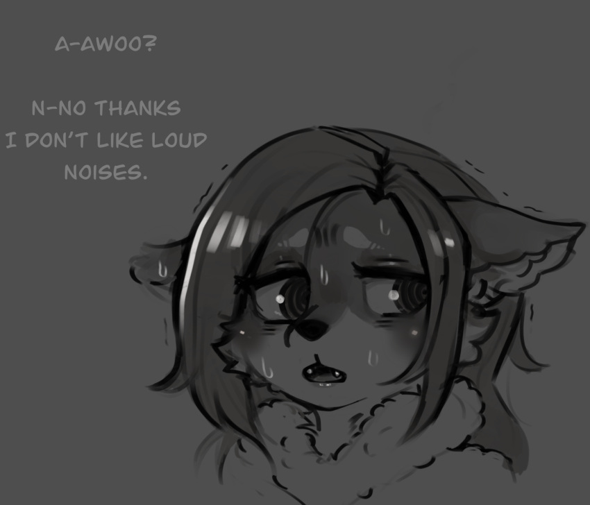 anthro bodily_fluids canid canine canis cute_fangs dialogue digital_drawing_(artwork) digital_media_(artwork) fangs female greyscale hair hi_res inner_ear_fluff looking_aside mammal monochrome nervous open_mouth solo spiral_eyes stuttering sweat teeth tuft unknown_artist wolf