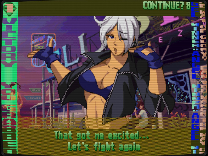 angel_(kof) bra breasts cropped_jacket dialogue_box fake_screenshot fanning_self fighting_game fingerless_gloves gloves hair_over_one_eye highres jacket large_breasts leather leather_jacket nakamanga one_eye_closed pixel_art snk strapless strapless_bra the_king_of_fighters toned underwear user_interface white_hair