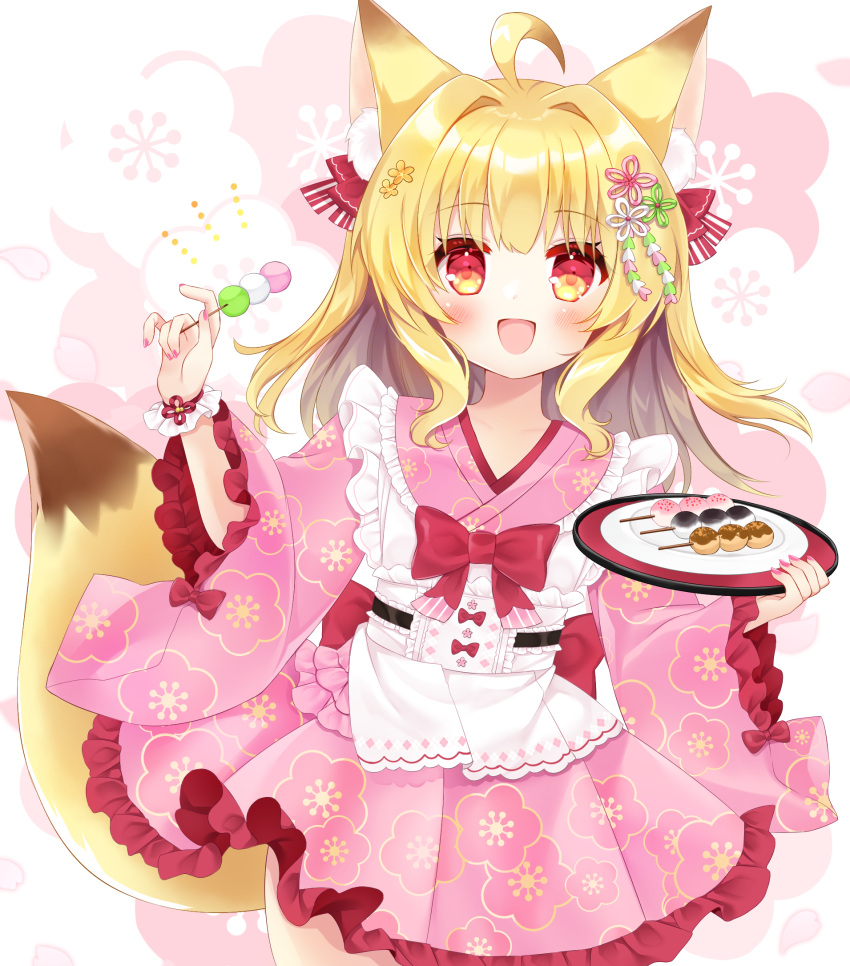 1girl :d ahoge animal_ear_fluff animal_ears apron bangs blonde_hair commentary_request dango floral_background food fox_ears fox_girl fox_tail frilled_apron frills hair_between_eyes hair_intakes highres holding holding_food holding_tray japanese_clothes kimono long_hair nail_polish original pink_kimono pink_skirt plate pleated_skirt purple_nails red_eyes sanshoku_dango shikito skirt smile solo tail tray very_long_hair wagashi white_apron white_background