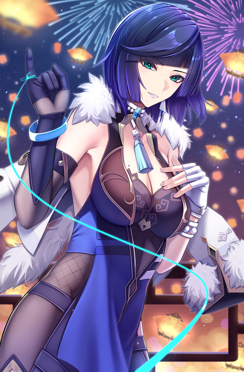 1girl asymmetrical_gloves bangs bare_shoulders black_gloves blue_hair blunt_bangs breasts cleavage commentary_request elbow_gloves fingerless_gloves fireworks fur-trimmed_jacket fur_trim genshin_impact gloves green_eyes hands_up highres jacket kutsuda_miru large_breasts looking_at_viewer mismatched_gloves night night_sky outdoors pinky_out purple_lips short_hair sky sleeveless solo upper_body white_gloves white_jacket yelan_(genshin_impact)