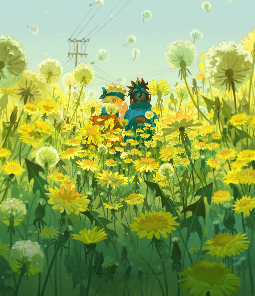 2boys black_hair blonde_hair blue_shirt closed_eyes field flower flower_field forehead_protector grin highres holy_pumpkin jacket looking_at_another multicolored_clothes multicolored_jacket multiple_boys naruto naruto_(series) shirt sky smile spiked_hair uchiha_sasuke uzumaki_naruto yellow_flower