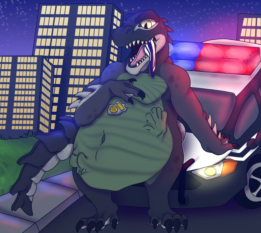 abdominal_bulge alligator alligatorid anthro belly big_(disambiguation) big_belly burping car city city_background cityscape crocodilian hi_res male nehocane open_mouth police reptile scalie solo vehicle vore