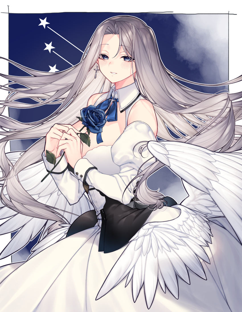 1girl absurdres angel_wings azur_lane blue_eyes blue_flower blue_rose breasts cowboy_shot cross cross_earrings dress earrings flower highres holding holding_flower jewelry large_breasts rose star_(symbol) white_hair wings yononaka yorktown_(azur_lane) yorktown_ii_(azur_lane)