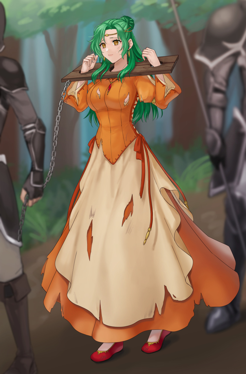 1girl 2others absurdres breasts chain circlet commentary_request dress elincia_ridell_crimea fire_emblem fire_emblem:_path_of_radiance forest full_body green_hair hair_bun hands_up hazuki_(nyorosuke) highres large_breasts long_hair long_sleeves multiple_others nature orange_dress outdoors pillory red_footwear shoes torn_clothes torn_dress wide_sleeves yellow_eyes