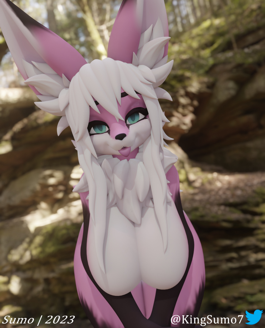 3d_(artwork) absurd_res anthro big_breasts blender_(software) breasts canid canine digital_media_(artwork) female fox fur hair hi_res king_sumo_(artist) larger_female looking_at_viewer mammal nude pink_body playful simple_background size_difference smug_eyes solo teal_eyes tongue tongue_out watermark white_hair