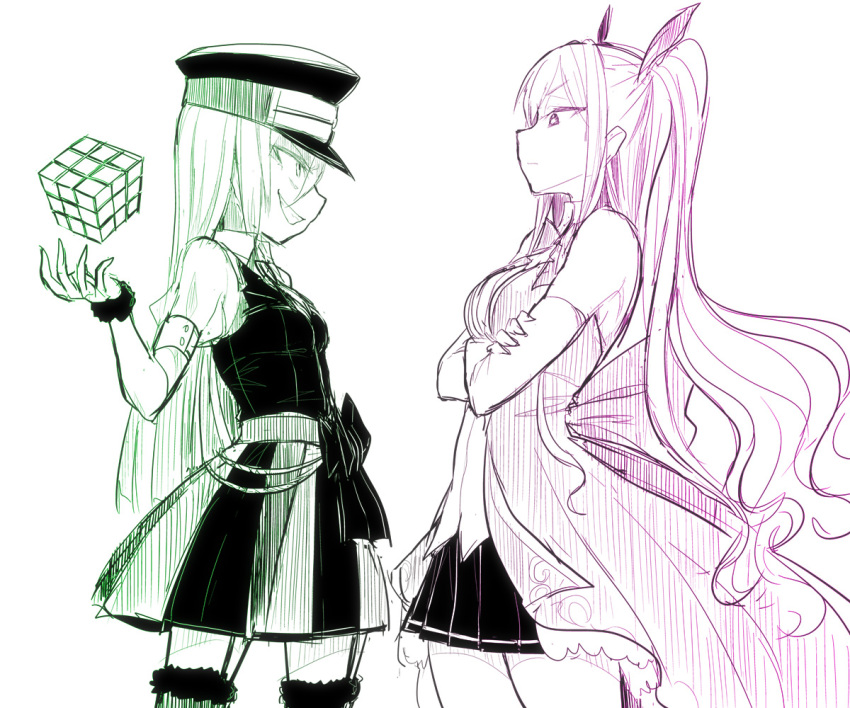 2girls alina_gray ami_ria bangs bow chain crossed_arms cube elbow_gloves eye_contact from_side fur-trimmed_thighhighs furrowed_brow gloves hat ken_(koala) long_hair looking_at_another magia_record:_mahou_shoujo_madoka_magica_gaiden magical_girl mahou_shoujo_madoka_magica multiple_girls open_mouth peaked_cap pleated_skirt profile puffy_short_sleeves puffy_sleeves short_sleeves skirt smile standing straight_hair very_long_hair vest waist_bow