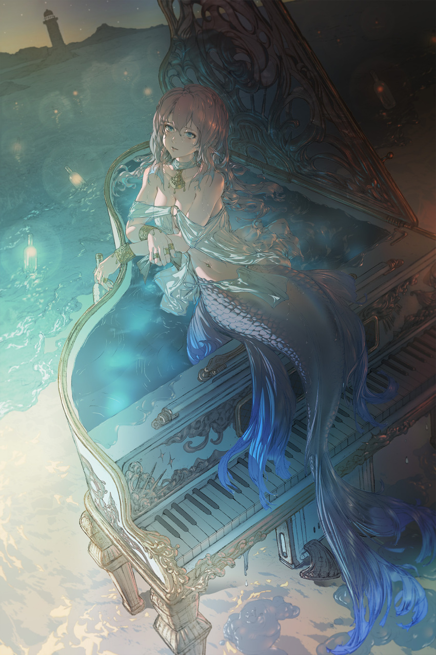 1girl aqua_eyes bangs bare_shoulders bottle bracelet breasts cleavage english_commentary hair_between_eyes head_fins highres instrument jewelry lighthouse long_hair looking_at_viewer mermaid miv4t monster_girl original outdoors parted_lips piano pink_hair ring scales solo wet