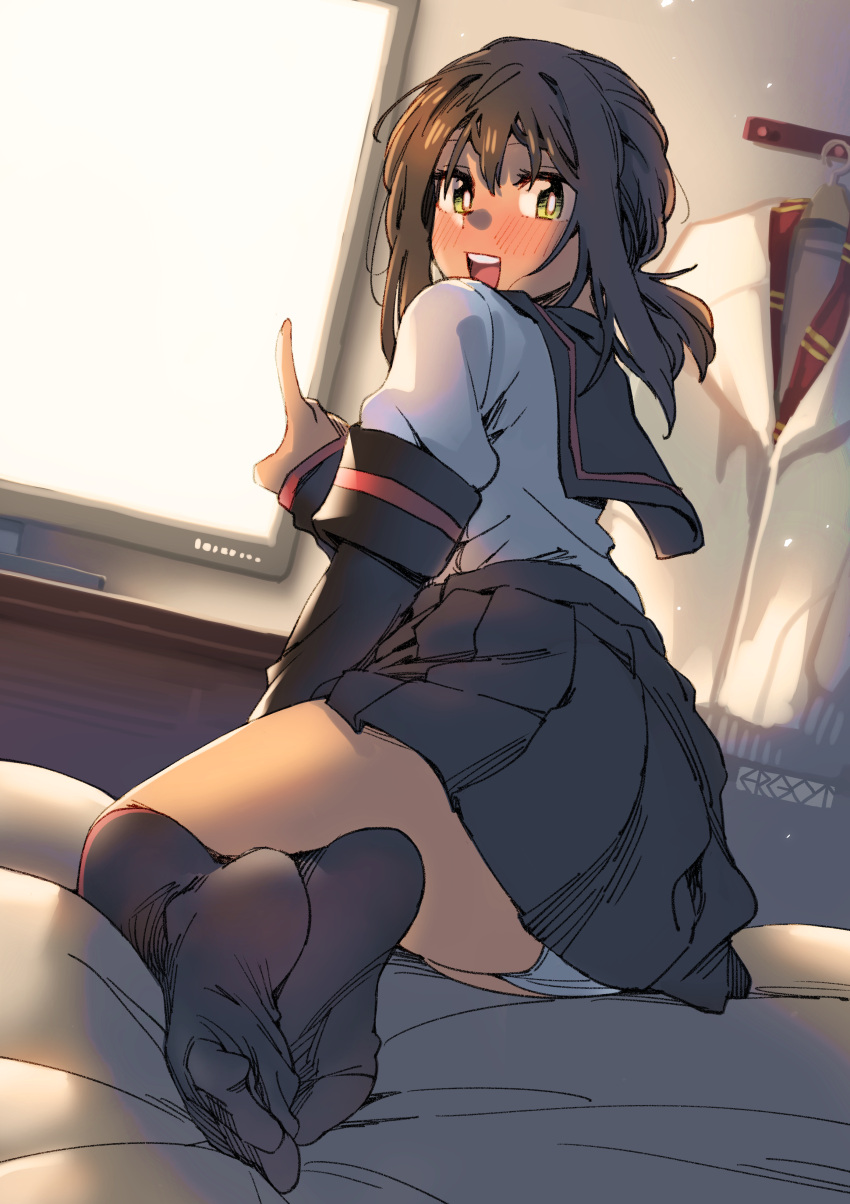 1girl absurdres artist_logo artist_name bangs bed black_skirt black_socks blue_panties blush brown_hair ergot feet fubuki_(kancolle) fubuki_kai_ni_(kancolle) green_eyes hair_between_eyes highres index_finger_raised kantai_collection kneehighs looking_at_viewer looking_back no_shoes on_bed open_mouth panties pleated_skirt school_uniform serafuku shirt short_hair short_ponytail short_sleeves skirt smile socks soles solo toes underwear upskirt watching watching_television white_panties white_shirt