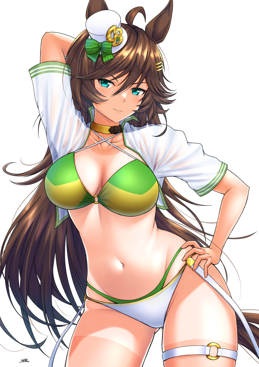 1girl absurdres adapted_costume ahoge animal_ears aqua_eyes arm_up bikini bow breasts brown_hair choker commentary_request criss-cross_halter green_bikini green_bow hair_ornament hairclip halterneck hat hat_bow highres horse_ears large_breasts mini_hat mini_top_hat mr._c.b._(umamusume) open_clothes open_shirt oryou_gunsou shirt short_sleeves simple_background solo swimsuit top_hat umamusume white_background white_headwear white_shirt yellow_choker