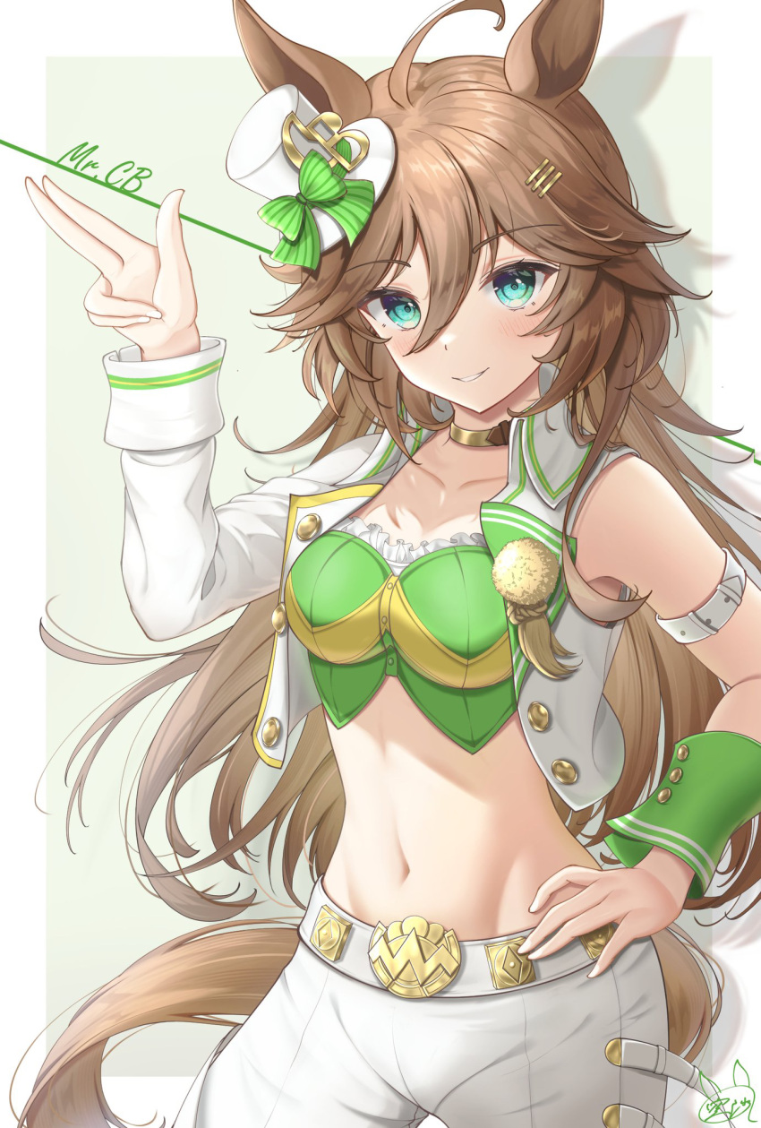 1girl ahoge animal_ears aqua_eyes arm_strap bow brown_hair commentary cowboy_shot crop_top drop_shadow green_bow grin hair_between_eyes hair_ornament hairclip hand_on_hip hand_up hat hat_bow highres horse_ears horse_girl horse_tail jacket long_hair long_sleeves looking_at_viewer midriff mini_hat mini_top_hat mr._c.b._(umamusume) navel open_clothes open_jacket pants single_bare_shoulder single_sleeve smile sola_num_5130 solo standing stomach tail top_hat umamusume very_long_hair white_headwear white_jacket white_pants wrist_cuffs