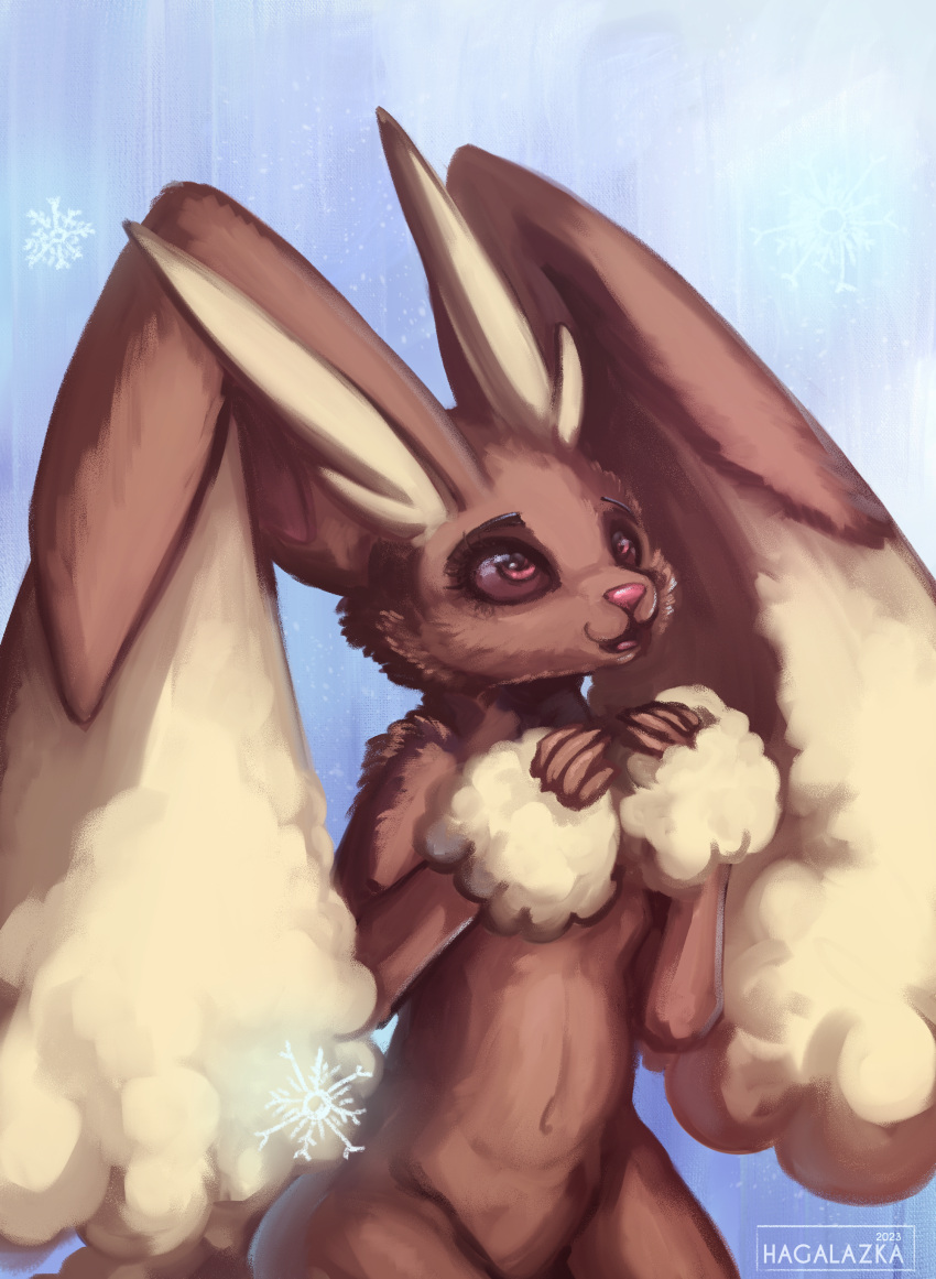 absurd_res anthro candy chocolate chocolate_bunny dessert female floppy_ears fluffy food fur generation_4_pokemon hagalazka happy hi_res lop_ears lopunny nintendo pink_eyes pokemon pokemon_(species) simple_background smile snow snowflake snowing solo