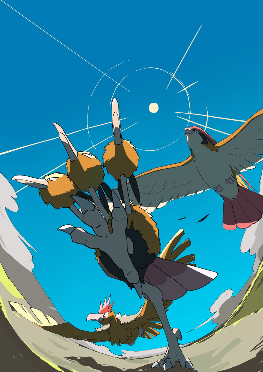 absurdres animal_focus bird black_eyes blue_sky bright_pupils claws closed_mouth cloud day dodrio fearow feet fisheye flying from_below fukafuka full_body highres no_humans outdoors pidgeot pokemon pokemon_(creature) running sky sun sunlight white_pupils