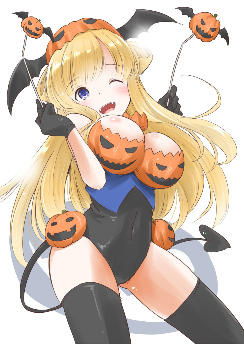 1girl absurdres alternate_costume black_gloves black_leotard black_thighhighs blonde_hair breasts covered_navel demon_girl demon_tail double_bun fangs fletcher_(kancolle) gloves hair_bun halloween hat head_wings highres kantai_collection large_breasts leotard long_hair looking_at_viewer one_eye_closed playboy_bunny pumpkin_print purple_eyes simple_background solo tail taisinkoku thighhighs white_background