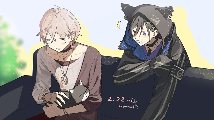 2boys :d =_= ^^^ animal animal_hood armband bangs black_armband black_cat black_choker black_collar black_hair black_jacket black_undershirt blurry blurry_background blush bracelet brown_coat cat cat_day cat_hood choker clenched_teeth coat collar couch cowboy_shot crossed_bangs ear_piercing earrings hair_between_eyes hair_ornament hairclip hand_on_own_arm holding holding_animal holding_cat holostars hood hood_up hooded_jacket jacket jealous jewelry kanade_izuru lightning_bolt_hair_ornament lightning_bolt_symbol looking_at_another momose_(oqo) multiple_boys necklace open_clothes open_jacket pendant piercing pink_hair plant purple_eyes purple_shirt rikka_(holostars) ring shirt short_hair single_earring single_sleeve sitting sleeves_past_wrists smile spiked_collar spikes sweatdrop sweater teeth upper_body virtual_youtuber white_sweater