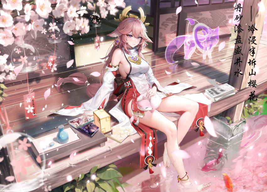 1girl absurdres alcohol animal_ears animal_on_lap bangs bare_legs barefoot book breasts cherry_blossoms chinese_commentary choko_(cup) closed_mouth cup dangle_earrings detached_sleeves earrings falling_petals fish floppy_ears fox fox_ears genshin_impact hair_between_eyes headpiece highres jewelry large_breasts long_hair looking_at_viewer obi on_lap outdoors partially_submerged pendant petals petting pink_fur pink_hair porch purple_eyes sake sash shirt shuimonianhua sitting sleeveless sleeveless_shirt sliding_doors toes translation_request vision_(genshin_impact) water white_shirt white_sleeves wide_sleeves yae_miko