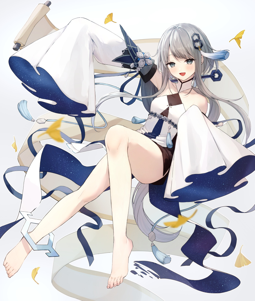 1girl :d arm_up bangs bare_legs bare_shoulders barefoot commentary_request detached_sleeves dress full_body genshin_impact grey_eyes grey_hair guizhong_(genshin_impact) hair_ornament highres honotai looking_at_viewer open_mouth parted_bangs short_hair_with_long_locks sleeveless sleeveless_dress sleeves_past_fingers sleeves_past_wrists smile solo tassel tassel_hair_ornament white_dress white_sleeves wide_sleeves