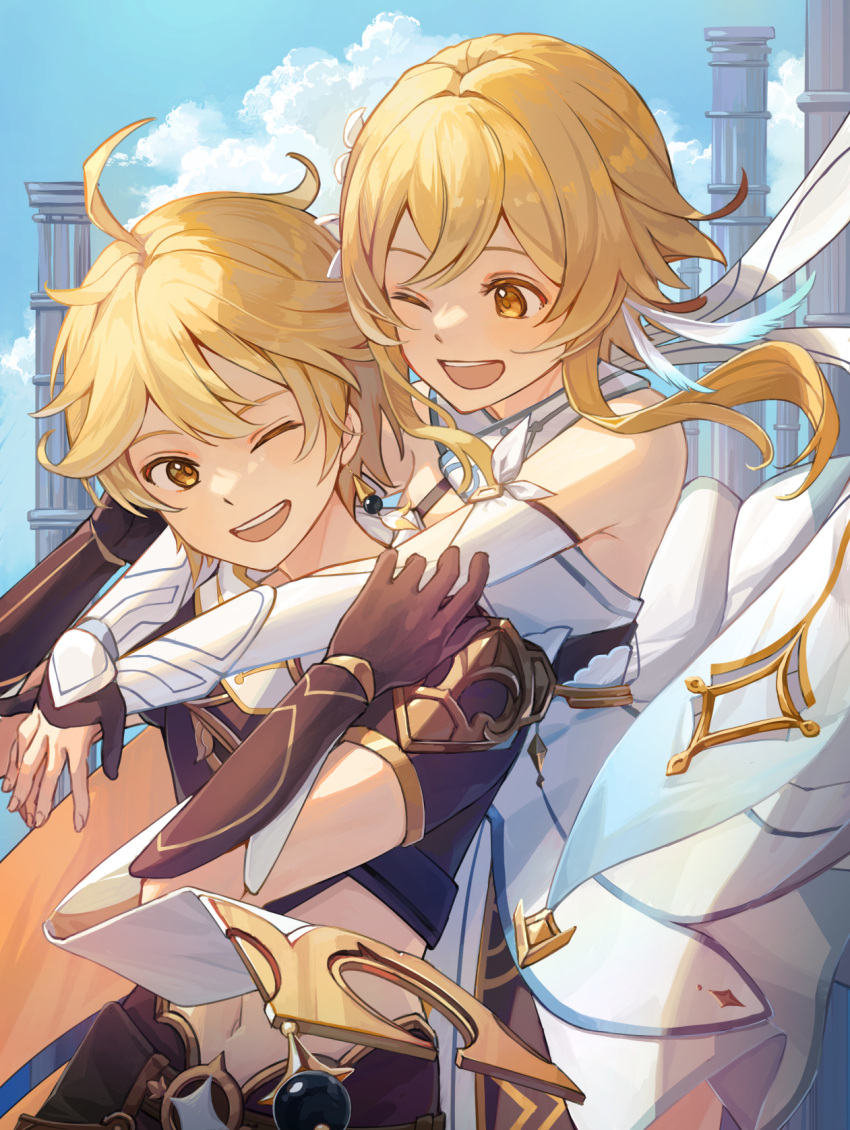 1boy 1girl ;d aether_(genshin_impact) ahoge arms_around_neck bare_shoulders black_gloves black_shirt blonde_hair blue_sky brother_and_sister building cloud crop_top crossed_wrists day detached_sleeves dress earrings feather_hair_ornament feathers genshin_impact gloves gold_trim hair_ornament happy highres hug hug_from_behind jewelry looking_at_another looking_at_viewer lumine_(genshin_impact) midriff navel one_eye_closed open_mouth outdoors partially_fingerless_gloves scarf shirt short_hair short_hair_with_long_locks short_sleeves siblings sidelocks sky sleeveless sleeveless_dress smile sonota1616 teeth upper_body upper_teeth_only white_dress white_scarf white_sleeves wrist_guards yellow_eyes