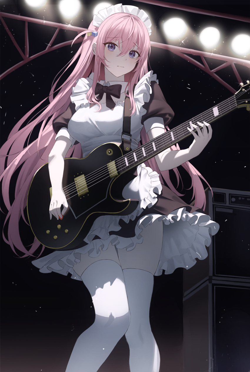 1girl absurdres alternate_costume apron bangs black_bow black_dress blue_eyes bocchi_the_rock! bow closed_mouth cube_hair_ornament dress electric_guitar enmaided frilled_apron frilled_dress frills gibson_les_paul gotou_hitori guitar hair_between_eyes hair_ornament highres holding holding_instrument instrument long_hair looking_at_viewer maid maid_apron maid_headdress music nacho_(nacho_1103) one_side_up pink_hair playing_instrument solo thighhighs white_apron white_thighhighs
