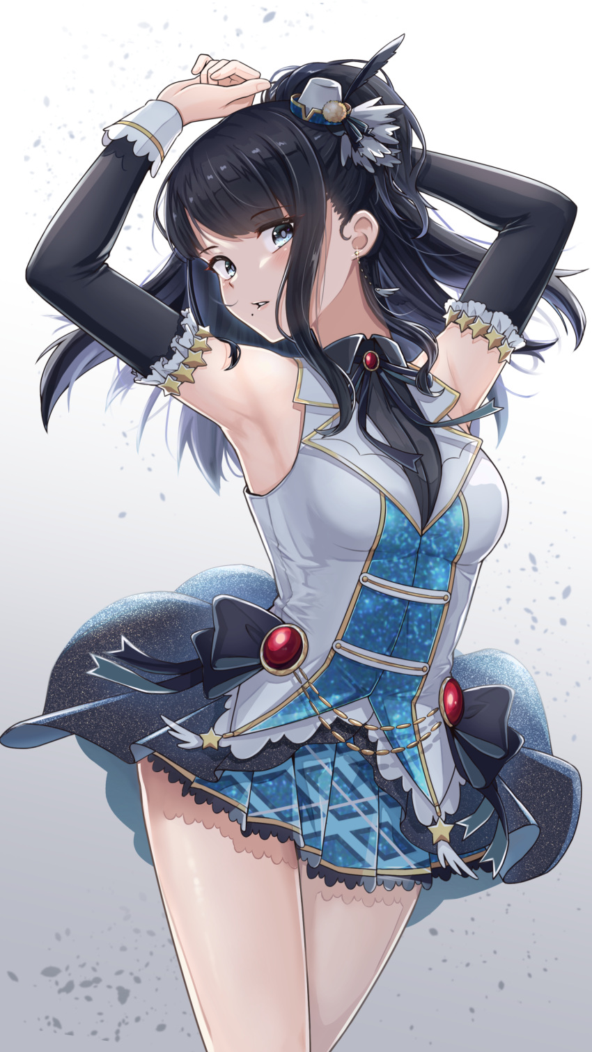 1girl absurdres an_iota_of armpits arms_up black_hair black_ribbon blush breasts crossed_legs detached_sleeves hat highres idolmaster idolmaster_shiny_colors kazano_hiori looking_at_viewer medium_breasts mini_hat mole mole_under_mouth neck_ribbon pleated_skirt ribbon shirt skirt sleeveless sleeveless_shirt solo