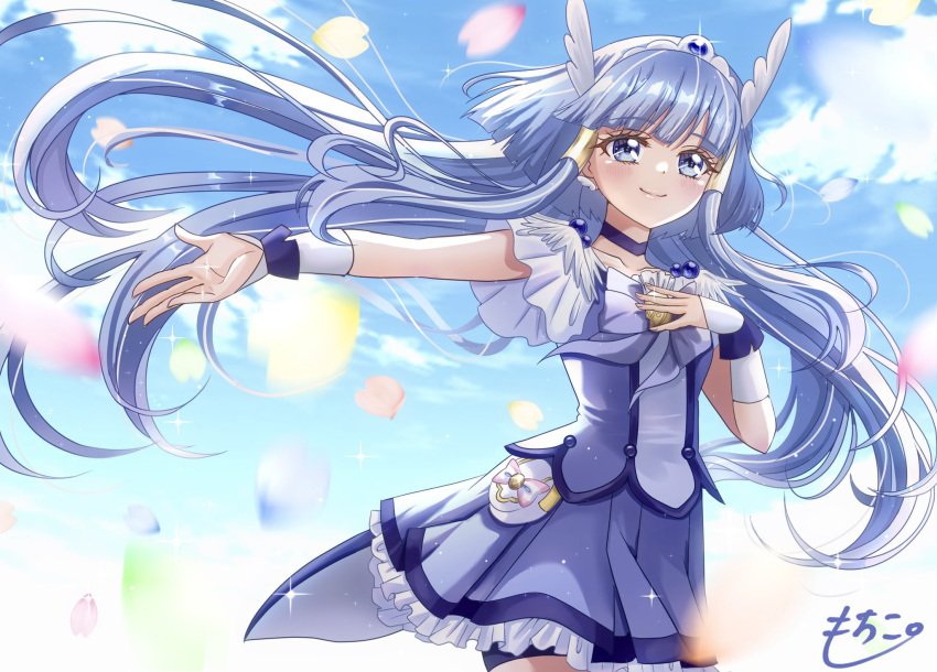 1girl aoki_reika bike_shorts_under_skirt blue_choker blue_eyes blue_hair blue_shirt blue_skirt blue_sky brooch choker cloud cloudy_sky cowboy_shot cure_beauty day hand_on_own_chest head_wings highres jewelry long_hair magical_girl mochico_bb outdoors petals precure shirt short_sleeves signature skirt sky smile_precure! solo tiara wrist_cuffs
