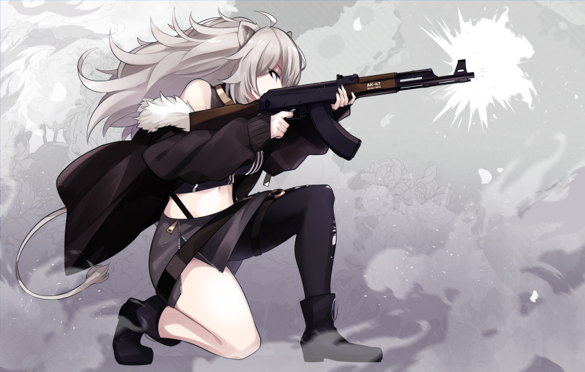 1girl absurdres ahoge ak-47 akagi_(sk0127aho) animal_ears assault_rifle firing floral_background grey_eyes grey_hair gun highres hololive kalashnikov_rifle lion_ears lion_girl lion_tail long_hair midriff off_shoulder one_knee rifle shishiro_botan single_thighhigh skirt solo tail thighhighs virtual_youtuber weapon