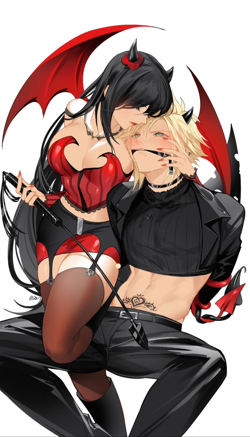 1boy 1girl absurdres arms_behind_back bangs bare_shoulders bdsm belt belt_buckle black_footwear black_hair black_jacket black_pants blonde_hair blue_eyes blush bondage boots bound breasts brown_thighhighs buckle choker cleavage cloud_strife couple crop_top cropped_jacket demon_horns demon_tail demon_wings detached_sleeves duoj_ji ear_piercing english_commentary fang final_fantasy final_fantasy_vii final_fantasy_vii_remake gag garter_belt hand_on_another's_face hetero highres holding holding_riding_crop horns intertwined_tails jacket jewelry large_breasts long_hair looking_at_another midriff miniskirt navel necklace pants piercing pubic_tattoo red_lips red_nails red_skirt riding_crop saliva shiny_clothes simple_background skirt spiked_hair swept_bangs tail tattoo thighhighs tifa_lockhart twitter_username white_background wings