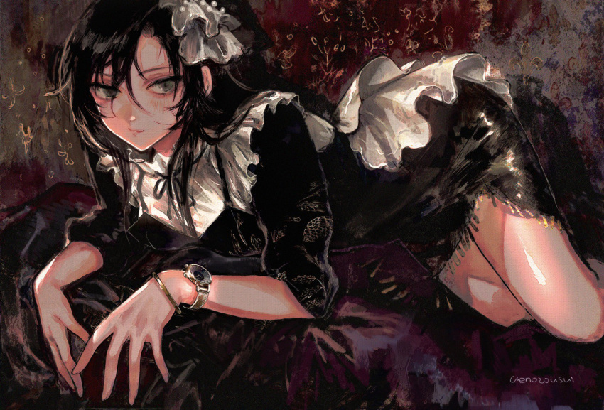 1girl artist_name bangle black_dress bracelet dress feet_out_of_frame frills grey_eyes hair_between_eyes hair_ornament highres jewelry klasse14 lying on_side original product_placement solo ueno_zousui watch wristwatch