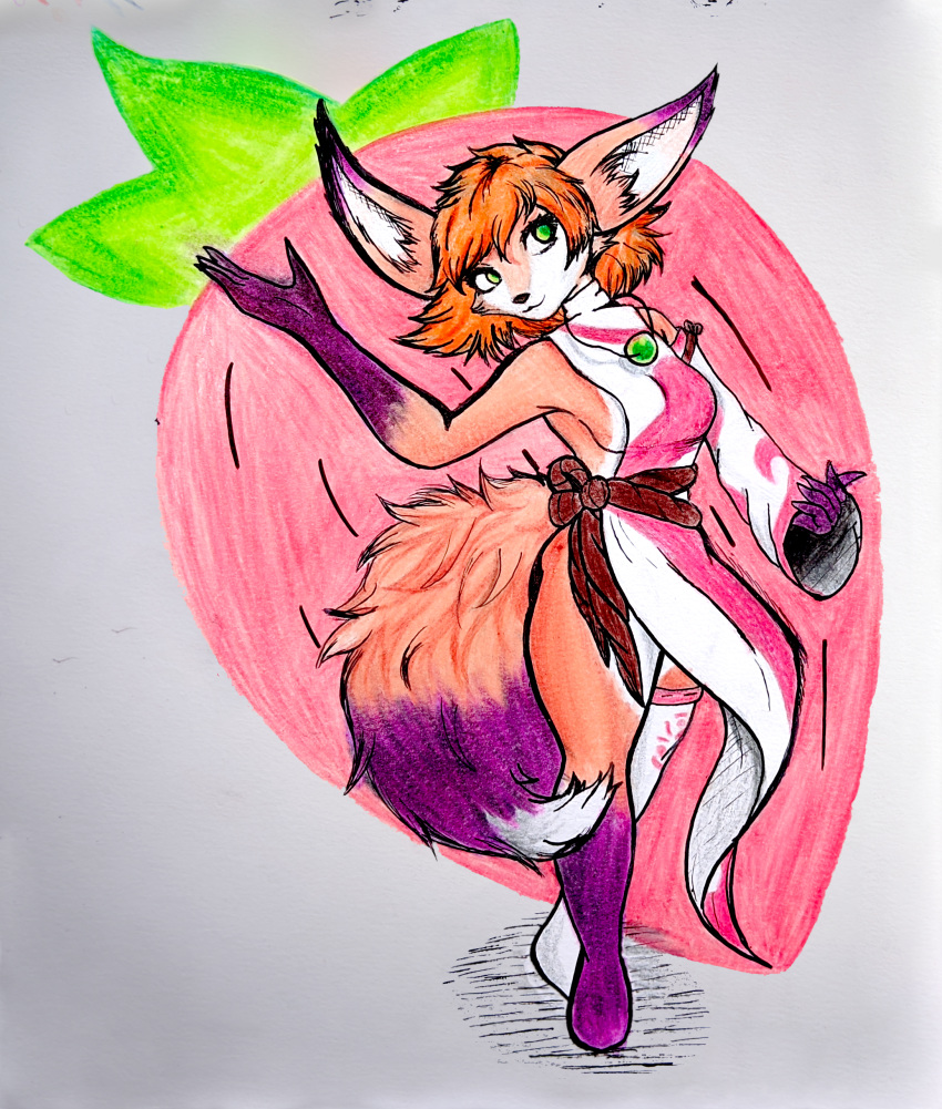 absurd_res anthro canid canine female food fox fox_tail fruit graphite_(artwork) hair hi_res mammal orange_hair pencil_(artwork) pink_body plant sheebibites strawberry traditional_media_(artwork) traditionalart