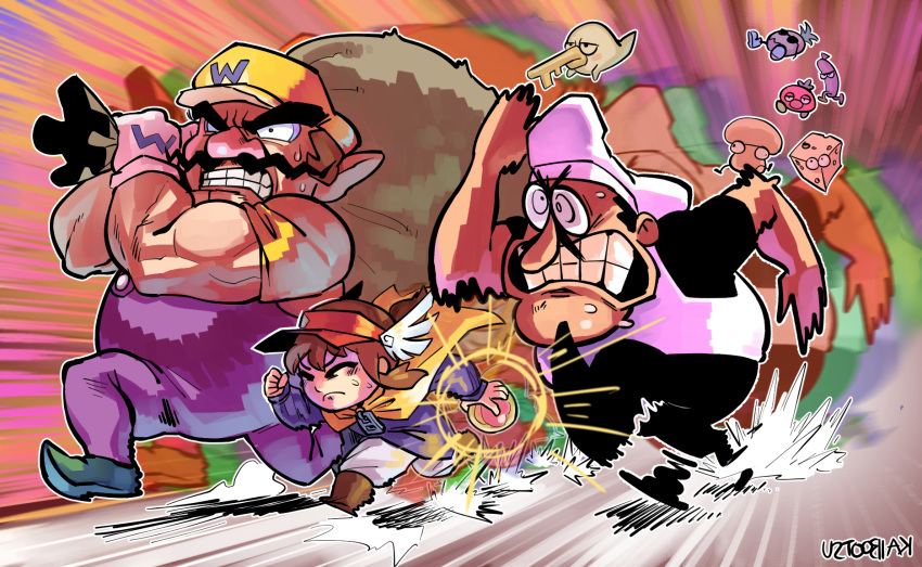 1girl 2boys a_hat_in_time afterimage bag brown_hair cape chef_hat clenched_teeth closed_eyes commentary crossover english_commentary facial_hair frown gloves hat hat_kid highres holding holding_bag kaibootsu mario_(series) multiple_boys multiple_crossover mustache overalls peppino_spaghetti pizza_tower pointy_footwear purple_overalls running signature speed_lines sweat teeth thick_eyebrows toppins_(pizza_tower) visor_cap wario wario_land white_gloves winged_hat yellow_cape