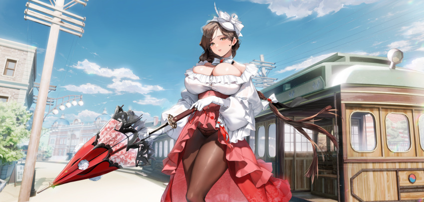 1girl armpit_crease black_panties blue_sky braid breasts brown_hair brown_pantyhose bursting_breasts cleavage cloud collar collarbone corset dress feather_hair_ornament feathers flower frilled_dress frills game_cg gem gloves hair_ornament hair_ribbon hat_feather high-low_skirt high_heels highres holding holding_umbrella huge_breasts jewelry keumran_(last_origin) lace lace-trimmed_umbrella lace_panties lace_skirt lamppost last_origin layered_skirt long_hair long_skirt looking_at_viewer micro_panties neck_ribbon necklace official_alternate_costume official_art outdoors panties pantyhose parted_lips pink_footwear pinkmill puffy_sleeves red_corset red_gemstone red_skirt red_umbrella ribbon ribbon-trimmed_panties road road_sign rose sign simple_background single_braid skindentation skirt sky solo standing street streetcar string_panties tachi-e thick_thighs thighs transparent_background umbrella underwear utility_pole veil white_collar white_dress white_feathers white_flower white_gloves white_headwear white_ribbon white_rose yellow_eyes