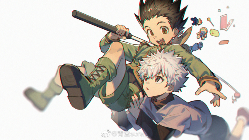 2boys aozora_sora artist_name catching child commentary english_commentary falling fishing_rod friends gon_freecss green_footwear highres hunter_x_hunter killua_zoldyck long_sleeves male_child male_focus messy_hair multiple_boys open_mouth short_hair shorts spiked_hair teeth toy upper_teeth_only yellow_eyes