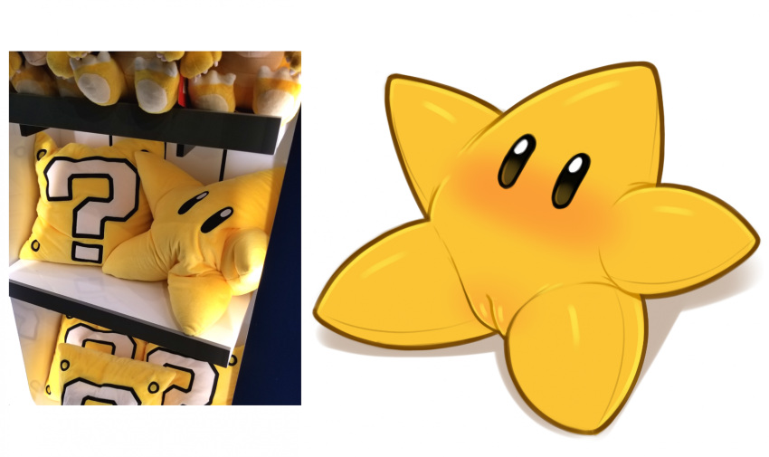 2023 acstlu animate_inanimate blush female genitals hi_res mario_bros nintendo nude pillow pussy simple_background super_star white_background yellow_body