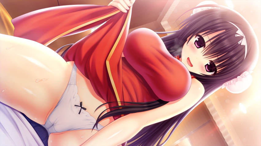1boy 1girl bangs bed_sheet black_hair blush bow bow_panties breasts bun_cover cameltoe china_dress chinese_clothes clothes_lift crotch_seam double_bun dress dress_lift dutch_angle game_cg hair_bun hair_ribbon impossible_clothes impossible_dress indoors large_breasts lifted_by_self long_hair looking_at_viewer on_person open_mouth panties pelvic_curtain purple_eyes red_dress ribbon rokuonji_kaoruko sitting smile spread_legs straddling underwear utsunomiya_tsumire wagamama_high_spec white_panties white_ribbon