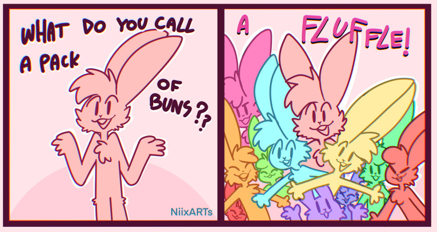 absurd_res ambiguous_gender anthro buckteeth cheek_tuft chest_tuft dialogue english_text facial_tuft group hi_res humor lagomorph leporid mammal open_mouth open_smile pink_background rabbit simple_background smile teeth text the_xing1 tuft two_panel_image wide_eyed