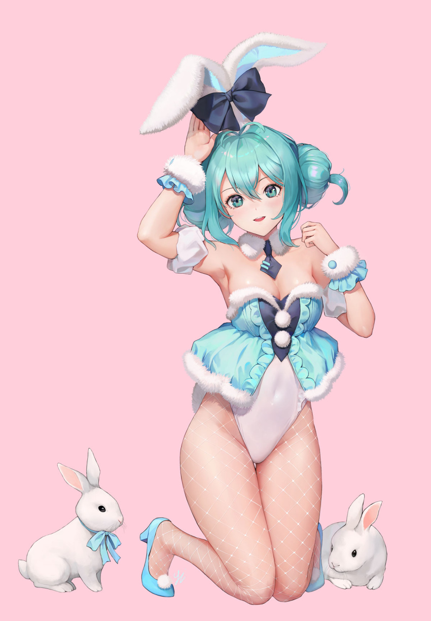 1girl animal_ears aqua_eyes arm_up bare_shoulders bicute_bunnies_miku blue_footwear blue_ribbon breasts cleavage covered_navel detached_collar double_bun fishnet_pantyhose fishnets fur_collar fur_trim hair_between_eyes hair_bun hand_up hatsune_miku high_heels highleg highleg_leotard highres kneeling leotard light_green_hair looking_at_viewer medium_breasts open_mouth pantyhose pink_background pom_pom_(clothes) rabbit rabbit_ears rabbit_tail ribbon scrunchie shoes short_hair sidelocks simple_background solo strapless strapless_leotard tail teeth tied_ears upper_teeth_only vocaloid white_leotard wrist_cuffs wrist_scrunchie y.i._(lave2217)