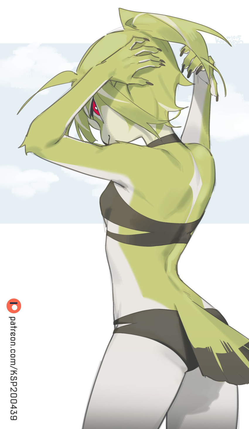 absurd_res anthro avian beak bikini bird breasts clothing feathers female green_body green_feathers green_hair hair hands_behind_head hi_res kaltespur looking_at_viewer looking_back looking_back_at_viewer navel non-mammal_breasts non-mammal_navel red_eyes slim small_breasts small_waist smile solo swimwear tail_feathers tuft