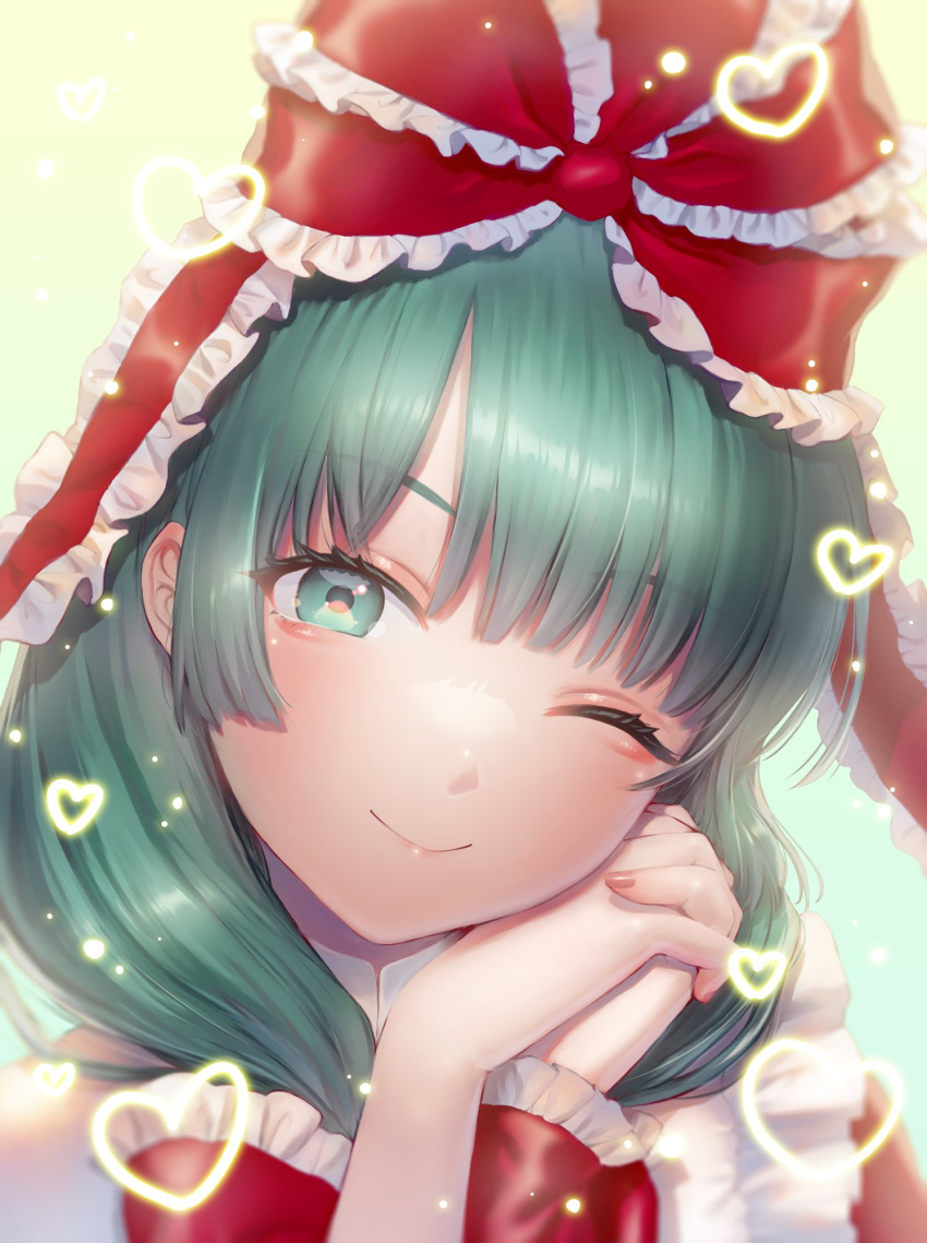 1girl bow close-up dress green_eyes green_hair hair_bow heart highres kageharu kagiyama_hina looking_at_viewer multicolored_background one_eye_closed own_hands_together red_bow red_dress smile solo touhou