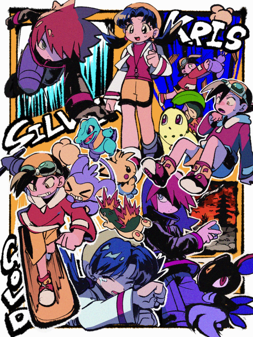 &gt;_&lt; 1girl 2boys :d aipom backwards_hat bangs black_eyes black_gloves black_jacket bright_pupils character_name chikorita closed_eyes commentary_request crying ethan_(pokemon) gloves goggles goggles_on_headwear hand_up hat highres jacket kris_(pokemon) long_sleeves multiple_boys ok_ko19 open_clothes open_jacket open_mouth pants pichu pokemon pokemon_(creature) pokemon_adventures pokemon_on_arm purple_pants quilava red_hair shirt shoes shorts silver_(pokemon) smile sneasel sweatdrop tears teeth totodile twintails white_jacket white_pupils yellow_shorts