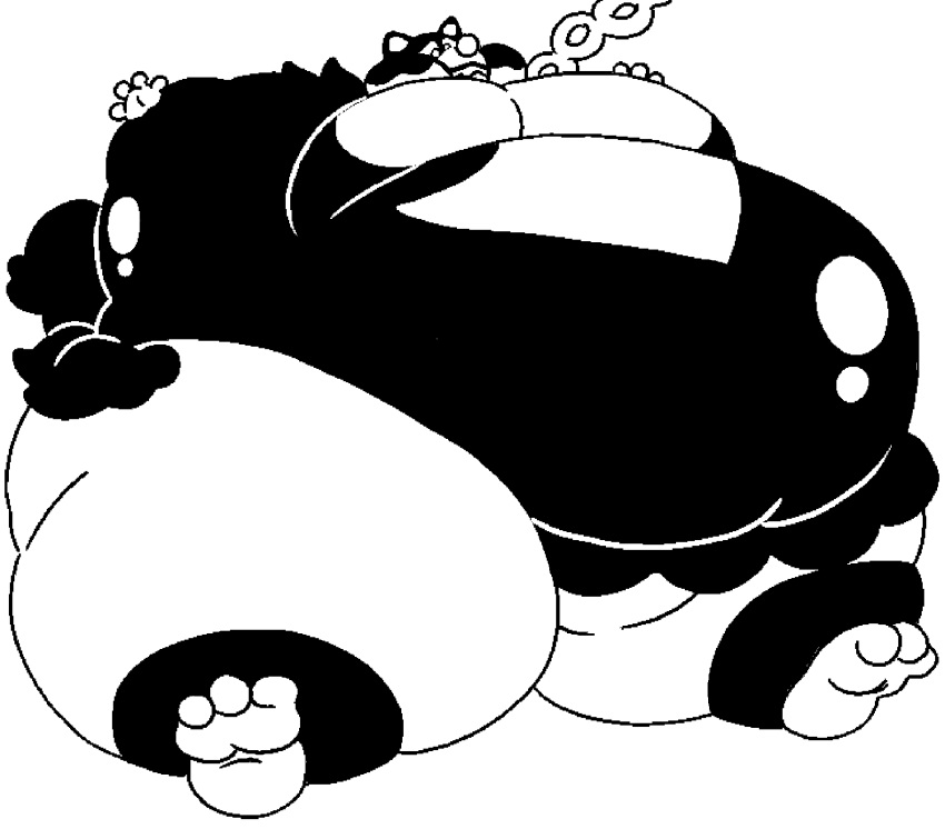 3_toes 4_fingers air_inflation anthro belly belly_expansion belly_inflation big_belly big_cheeks black_and_white body_inflation dreamart expansion feet fingers generation_9_pokemon hi_res huge_belly inflation legendary_pokemon looking_down looking_down_at_self male monochrome moobs nintendo okidogi pokemon pokemon_(species) sharp_teeth simple_background solo teeth toes white_background