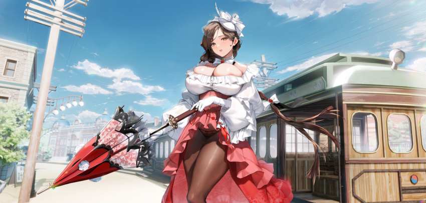 1girl areola_slip armpit_crease black_panties blue_sky braid breasts brown_hair brown_pantyhose bursting_breasts cleavage cloud collar collarbone corset dress feather_hair_ornament feathers flower frilled_dress frills game_cg gem gloves hair_ornament hair_ribbon hat_feather high-low_skirt high_heels highres holding holding_umbrella huge_breasts jewelry keumran_(last_origin) lace lace-trimmed_umbrella lace_panties lace_skirt lamppost last_origin layered_skirt long_hair long_skirt looking_at_viewer micro_panties neck_ribbon necklace official_alternate_costume official_art outdoors panties pantyhose parted_lips pink_footwear pinkmill puffy_sleeves red_corset red_gemstone red_skirt red_umbrella ribbon ribbon-trimmed_panties road road_sign rose sign simple_background single_braid skindentation skirt sky solo standing street streetcar string_panties tachi-e thick_thighs thighs transparent_background umbrella underwear utility_pole veil white_collar white_dress white_feathers white_flower white_gloves white_headwear white_ribbon white_rose yellow_eyes
